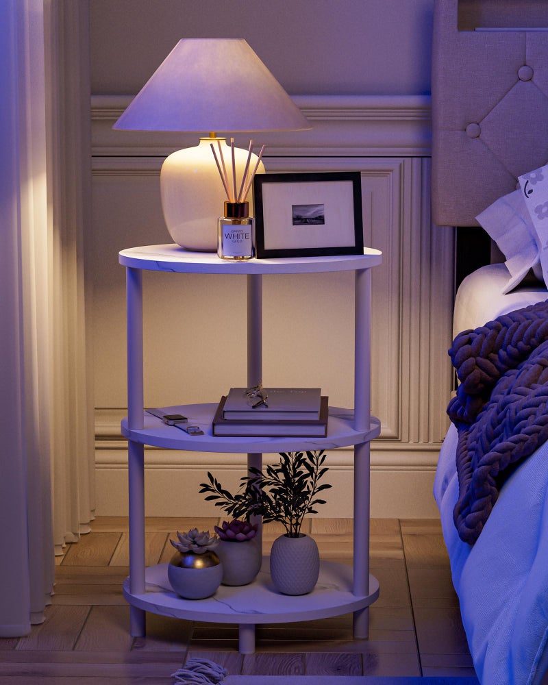 RISWER Small Round Side Table - 3-Tier Oval Accent Table for Small Spaces, Rustic Wood and Metal Couch End Table, Nightstand for Bedroom or End Table Living Room, Easy to Assemble, Marble White - Image 5
