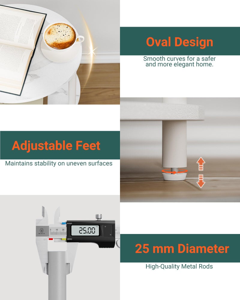 RISWER Small Round Side Table - 3-Tier Oval Accent Table for Small Spaces, Rustic Wood and Metal Couch End Table, Nightstand for Bedroom or End Table Living Room, Easy to Assemble, Marble White - Image 2