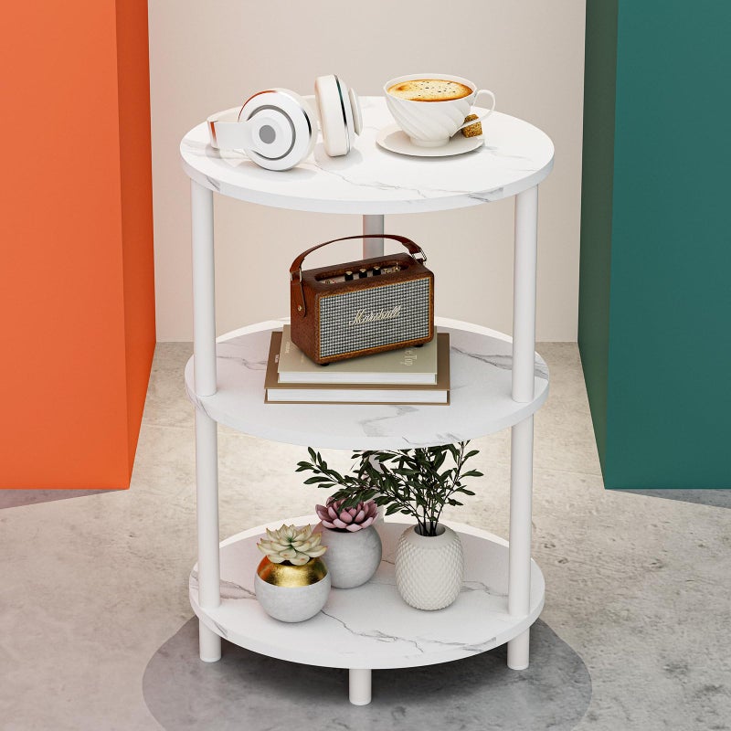 RISWER Small Round Side Table - 3-Tier Oval Accent Table for Small Spaces, Rustic Wood and Metal Couch End Table, Nightstand for Bedroom or End Table Living Room, Easy to Assemble, Marble White - Image 1