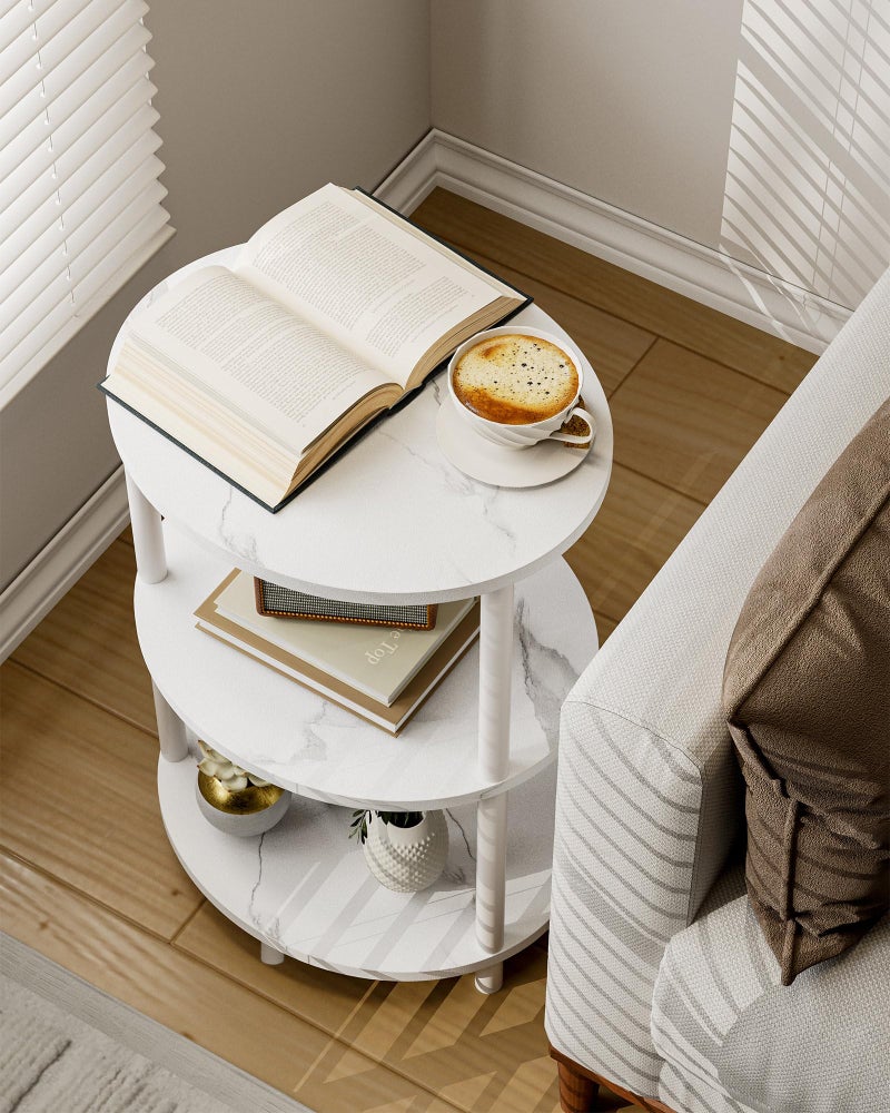 RISWER Small Round Side Table - 3-Tier Oval Accent Table for Small Spaces, Rustic Wood and Metal Couch End Table, Nightstand for Bedroom or End Table Living Room, Easy to Assemble, Marble White - Image 4