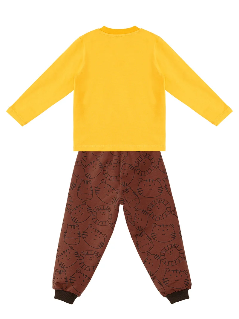 Denokids Cute Cat Baby Boy Mustard T-shirt and Pants Set