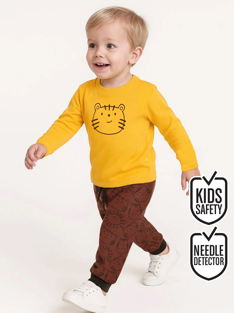 Denokids Cute Cat Baby Boy Mustard T-shirt and Pants Set