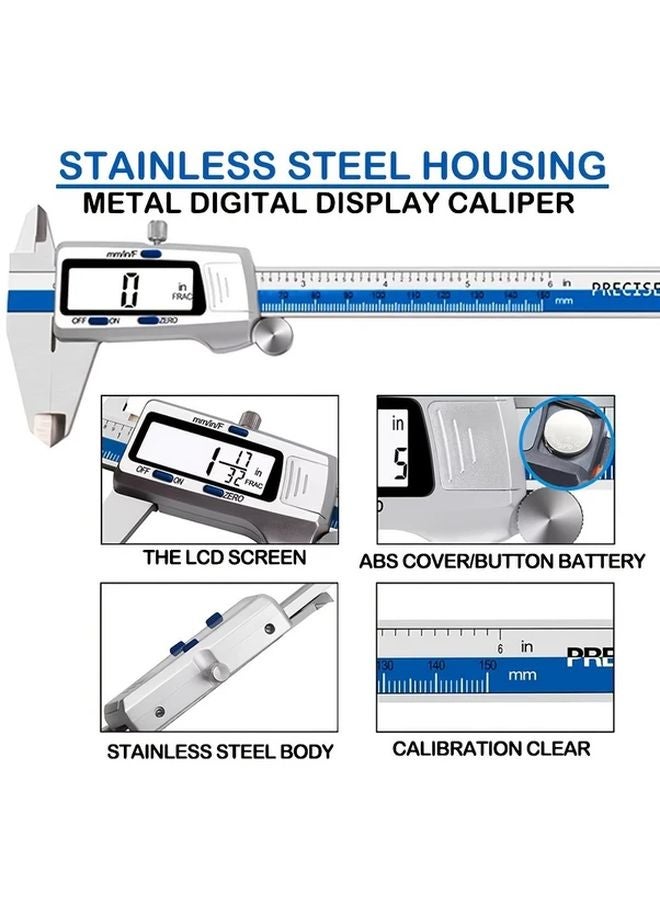 Blue 6 Inch Digital Caliper 150mm Stainless Steel 0 01mm Precision Mm Inch Fraction Display - Image 4