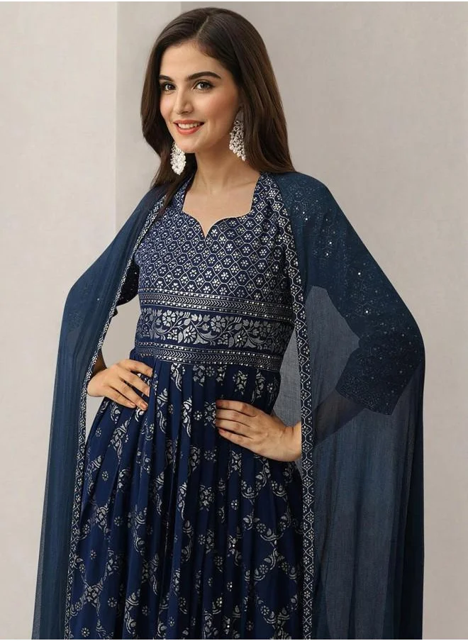 آي شين Tunic Women Peacock Blue Georgette Kurta Set with Embroidered pattern Tunic and Palazzo features a Round neckline and Three-Fourth Sleeve secured with Elastic closure and styled in Straight Fit ideal for Festive moments — exude elegance in every glance.