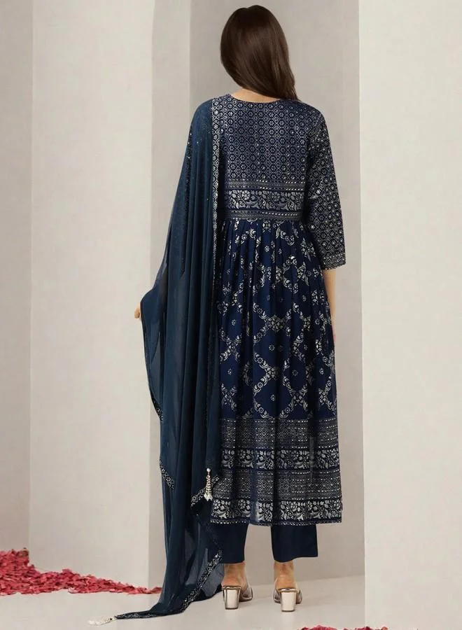 ISHIN Women's Peacock Blue Georgette Embroidered Tunic Full Length Palazzo Straight Fit Kurta Set