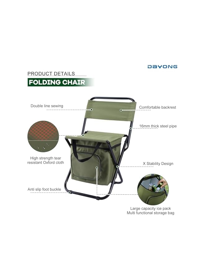 DAYONG كراسي تخييم قابلة للطي محمولة، كرسي صيد خفيف الوزن، كراسي حديقة مع حقيبة تبريد، مقعد خارجي مدمج مع مسند ظهر للنزهات والتخييم وحفلات الشواء والمشي. - Image 4