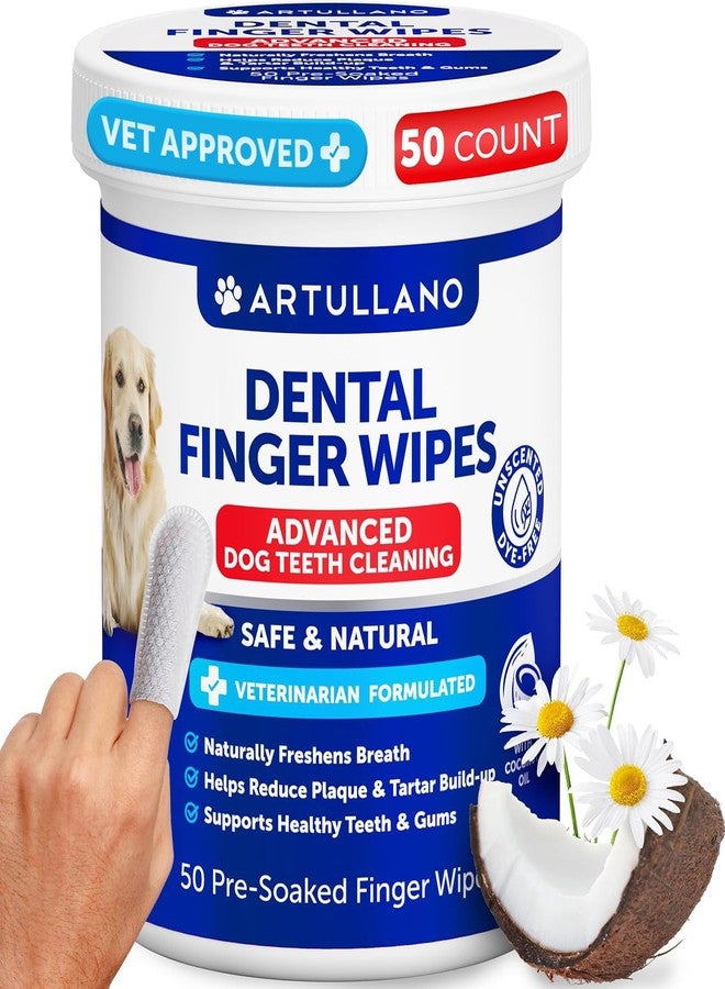 Artullano Dog Teeth Cleaning Wipes - 50 Dog Dental Care Finger Wipes - Finger Toothbrush for Removing Plaque, Tartar Buildup, Bad Breath - Oral Freshness, Healthy Teeth & Gum Support with Coconut Oil, Unscented - Image 1