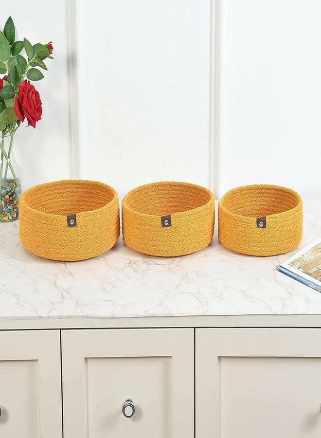 FIASCO Rope Storage Natural Handwoven Jute Round Shelf Basket For Your Home & Kitchen (Small, Medium, Large)-Pack Of 3 (Yellow)
