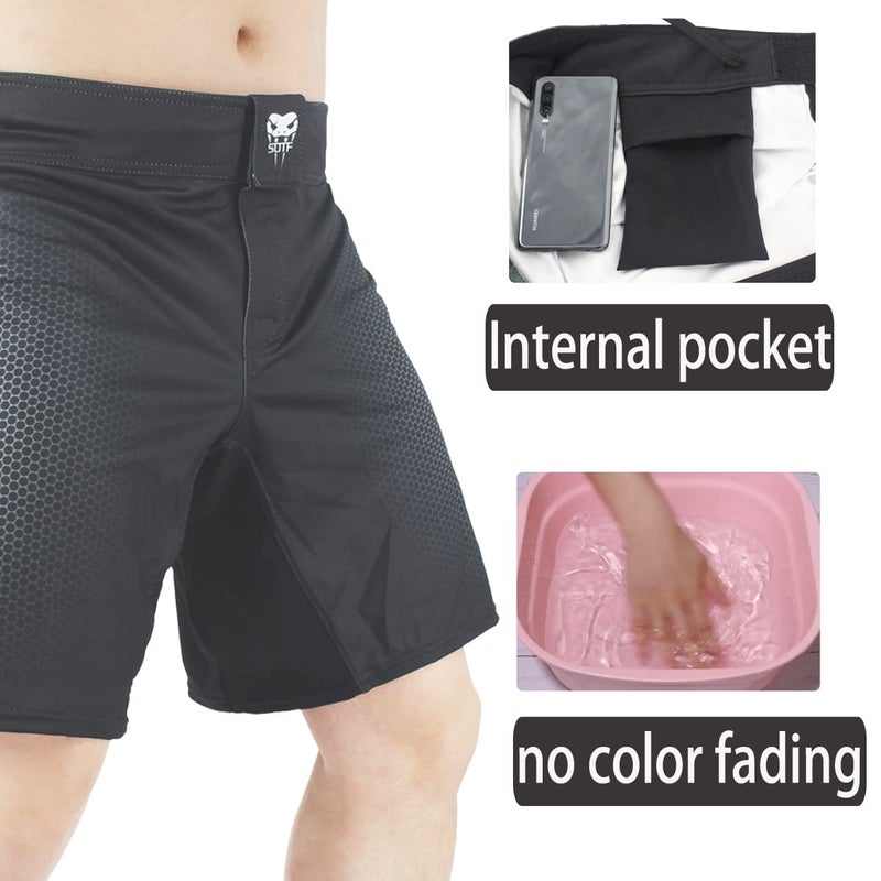 SOTF Boxing Shorts for Men Training Fight Shorts Men MMA BJJ Shorts No Gi with Pocket Black L Waist 34.6-36.2 inch - Image 4