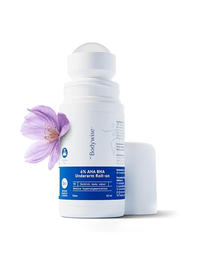 Be Bodywise Underarm Roll On |6% AHA BHA 1% Salicylic Acid, 4% Lactic Acid | Prevents Odour, Pigmentation | Brightens Skin, Kills Bacteria I Long Lasting | 0% Alcohol I Flora Advanced I 50ml