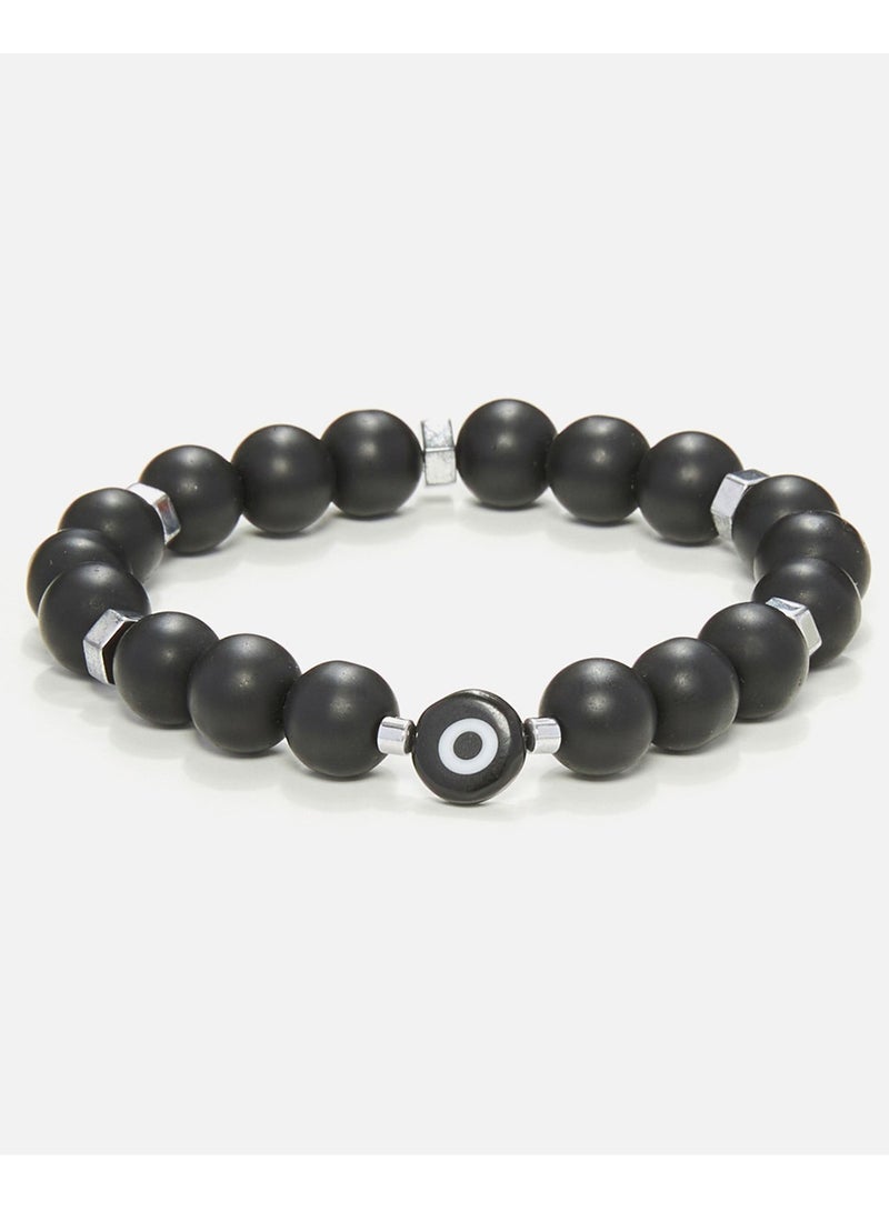 CHRYSOSTOMOS Handmade Beaded Men's Bracelet with Matte Black Nail, Silver Hematite and Glass Eye, Durable Silicone - Image 1