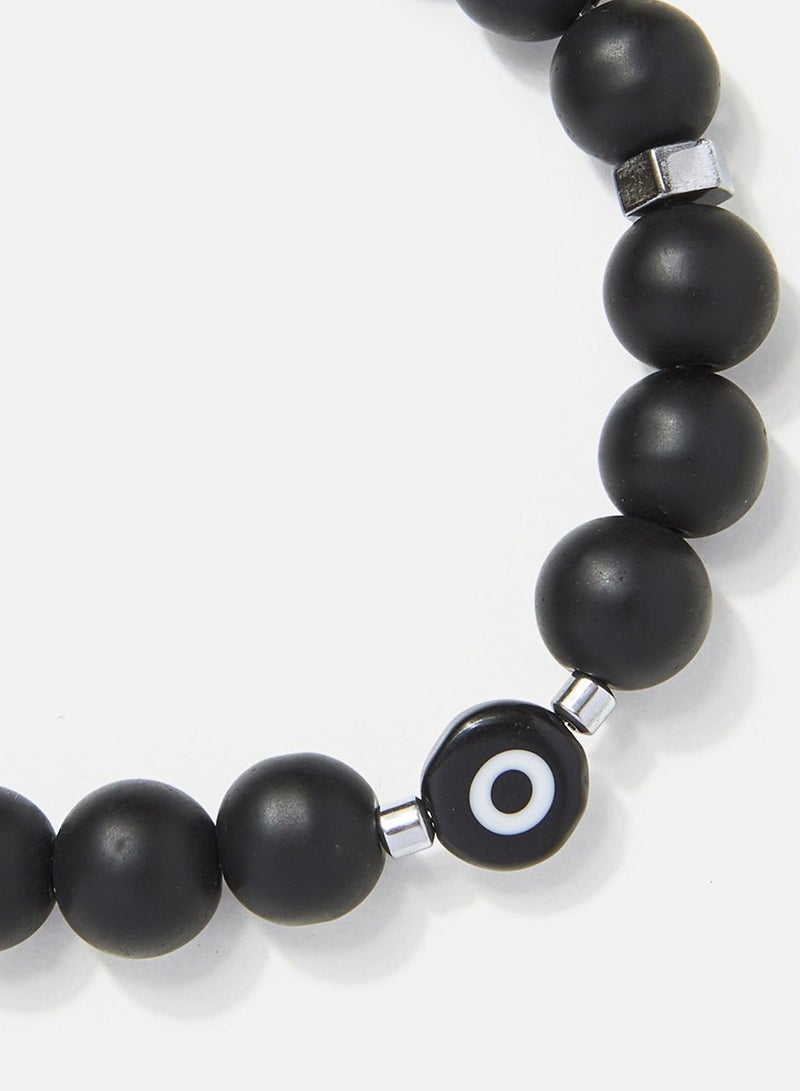 CHRYSOSTOMOS Handmade Beaded Men's Bracelet with Matte Black Nail, Silver Hematite and Glass Eye, Durable Silicone - Image 2