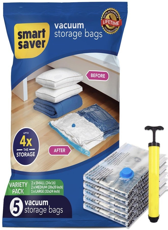 Smart Saver Vacuum Bags for Travel, Space Saver Bags 5 Pack (1 Large 2 Medium 2 Small) Compression Storage Bags for Clothes, Sealer Bags, Vaccine Sealed Airtight Packing Ziplock Bag with Hand Pump - Image 1