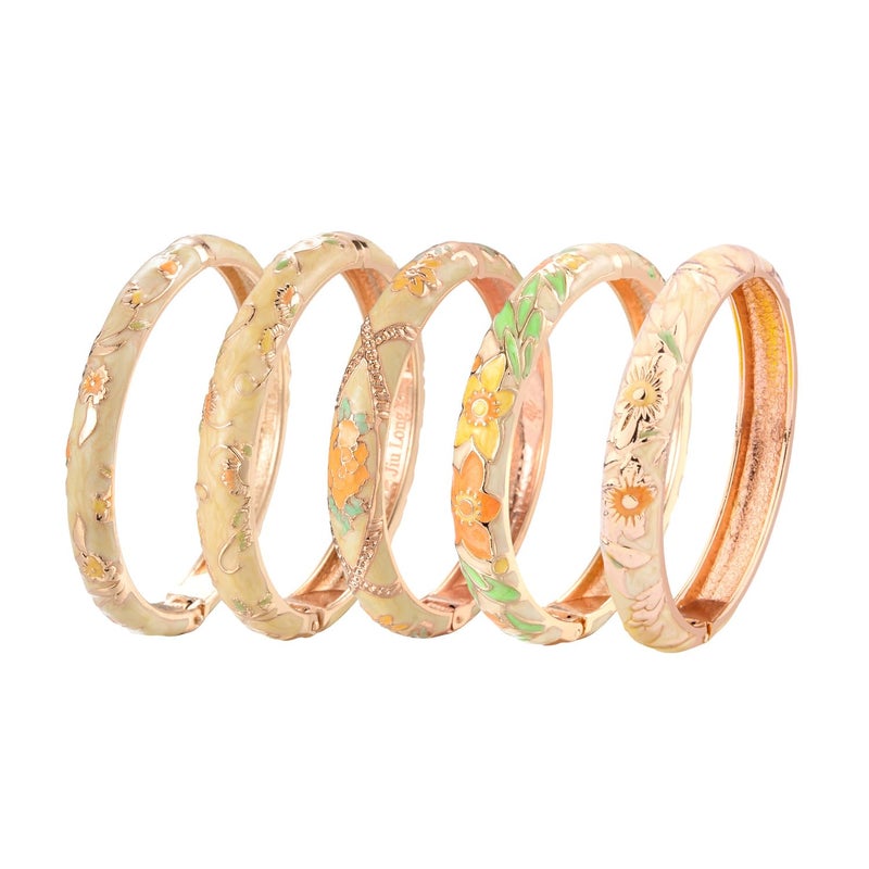 UJOY Bangles 5 Pcs Enamel Jewelry Set Rose Flower Engraved Cloisonne Bracelets Pack in a Box 5PCS Cream Yellow - Image 1