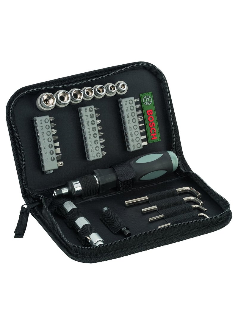 بوش Bosch 38-piece Mixed Screwdriver Set, Cobalt Steel, Compact & Portable, Universal Compatibility, 23 Screwdriver Bits, 7 Nutsetters, Universal Holder, Hex Keys, Ratcheting Driver & Torch - Image 1