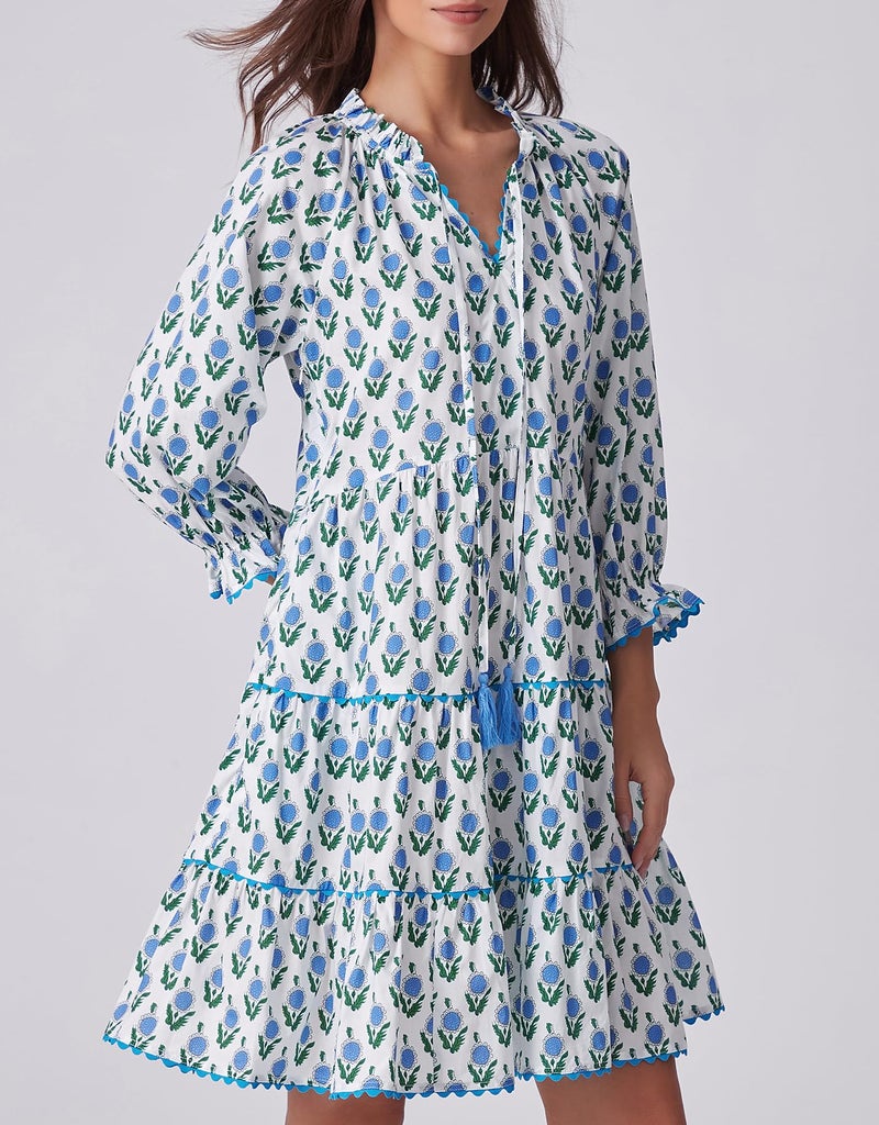 Kedera Womens Casual Long Sleeve Floral Mini Dress Ruffle V Neck Fall Trendy Loose Boho Babydoll Dresses with Pockets A-Blue - Image 2