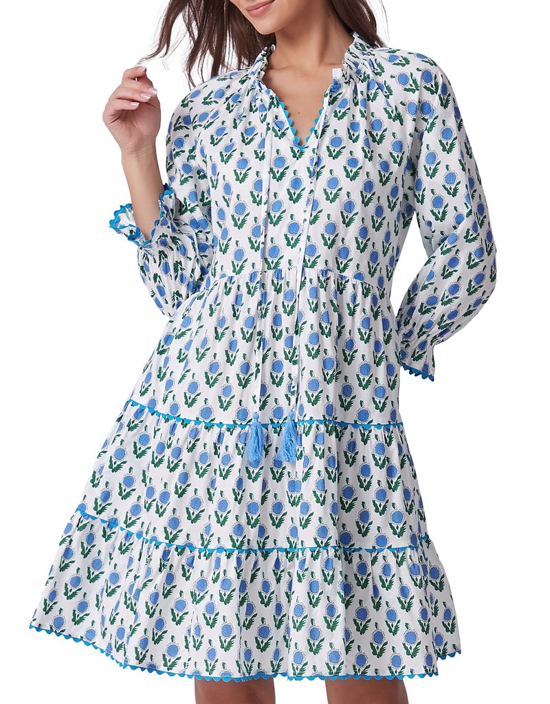 Kedera Womens Casual Long Sleeve Floral Mini Dress Ruffle V Neck Fall Trendy Loose Boho Babydoll Dresses with Pockets A-Blue - Image 1