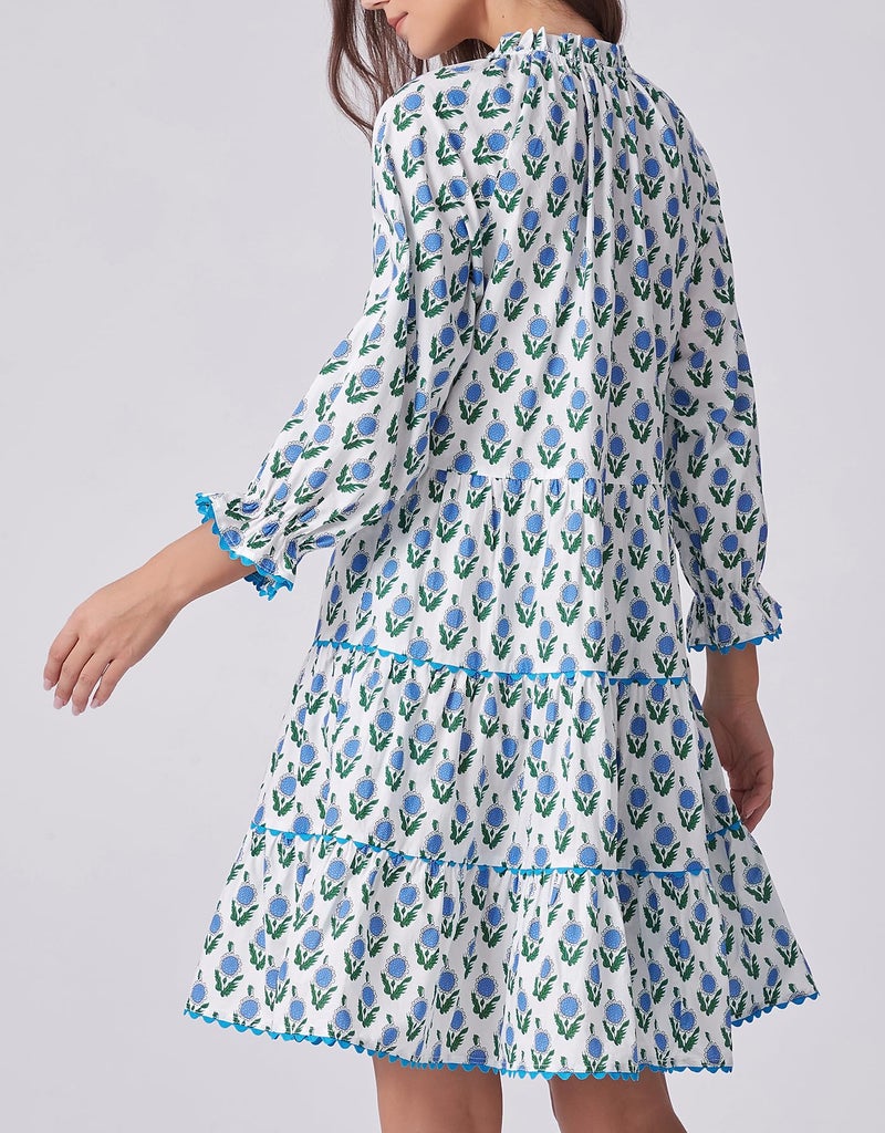 Kedera Womens Casual Long Sleeve Floral Mini Dress Ruffle V Neck Fall Trendy Loose Boho Babydoll Dresses with Pockets A-Blue - Image 4