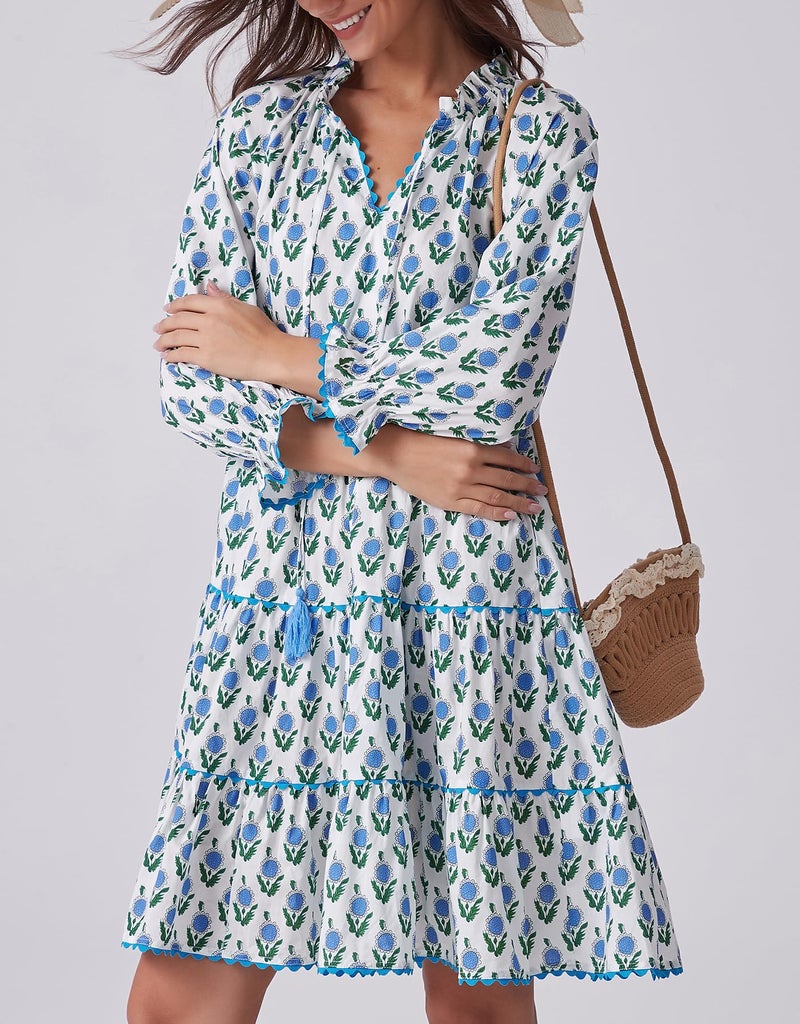 Kedera Womens Casual Long Sleeve Floral Mini Dress Ruffle V Neck Fall Trendy Loose Boho Babydoll Dresses with Pockets A-Blue - Image 3