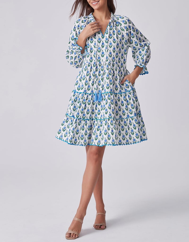 Kedera Womens Casual Long Sleeve Floral Mini Dress Ruffle V Neck Fall Trendy Loose Boho Babydoll Dresses with Pockets A-Blue - Image 5