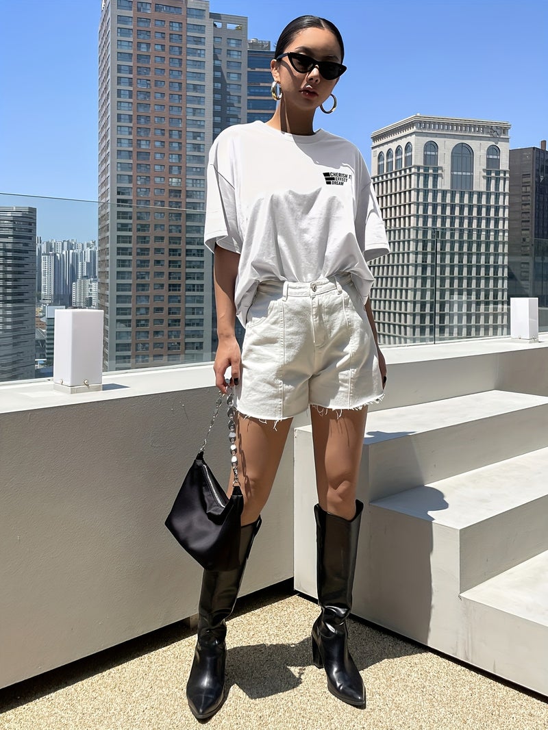 Women's Y2K Korean Style Oversized T - Shirt - Short Sleeve Top with Longline Length, Round Neck Summer Tee for Korean Fashion Outfits (Non - Stretch) - White / XS - Image 5