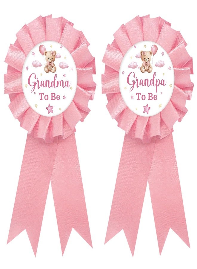 SUPERLUBY Baby Bear Grandma to Be Tinplate Badge Pin, Bear Grandpa to Be Pin, Gender Reveal Button for New Grandparents, Pink Rosette Grandma Award Ribbon, Bear Themed Baby Shower Party Favors - Image 1