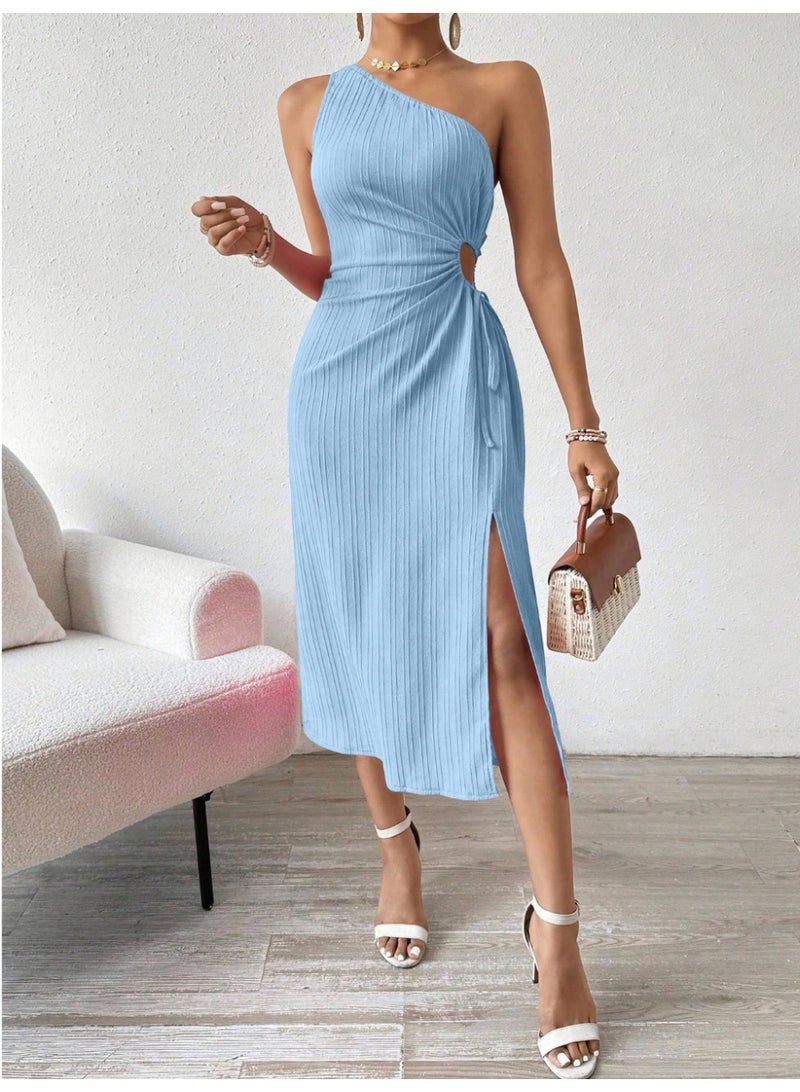 Shein Breezaya Ladies' Solid Color Oblique Shoulder Split Hem Elegant Dress Maxi Women Outfit - Image 1