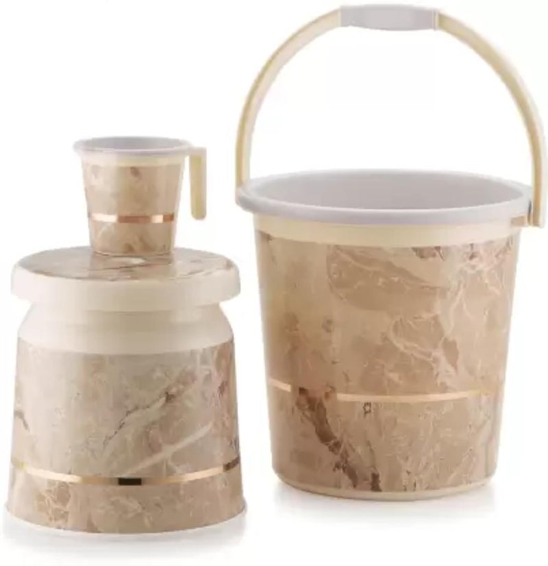 Liza LIZA 3 pcs Bathroom Accessories Set Plastic Bath Set Bathroom Bucket 20Ltr Mug and Stool 3 Piece Combo Set for Home Kitchen Bathroom Liza Orry 3 Beige R0450  - Image 1