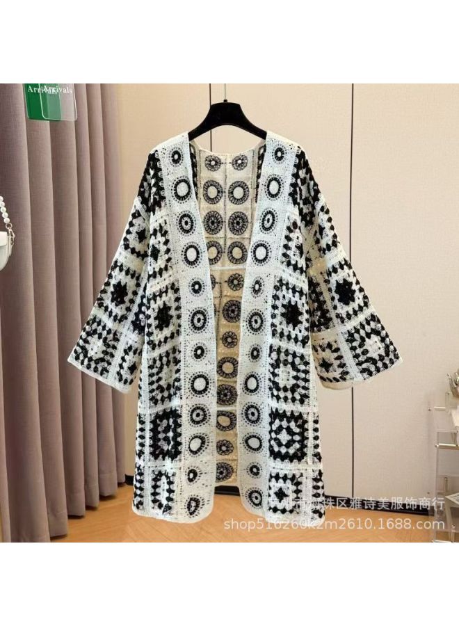 Black Korean Style Retro Plaid Floral Cut Out Crochet Knit Top, Soft Niche Long Sleeve Sweater