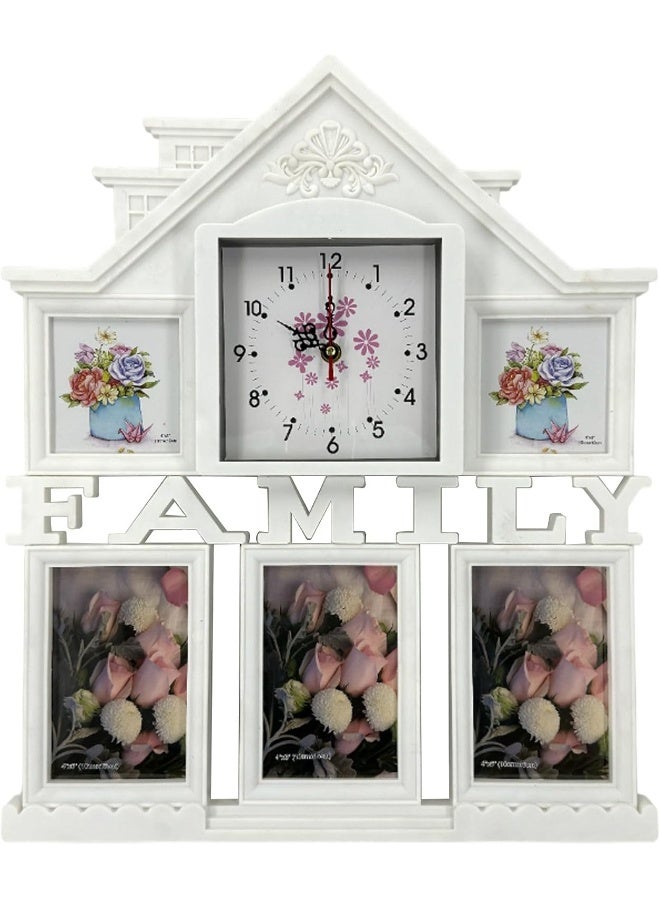 Decorhills DECORHILLS FRAMES & DECOR Plastic Family Design Multi Pictures Collage Photo with Time Clock, Wall Mount Display, White, 1-Pc  - Image 1