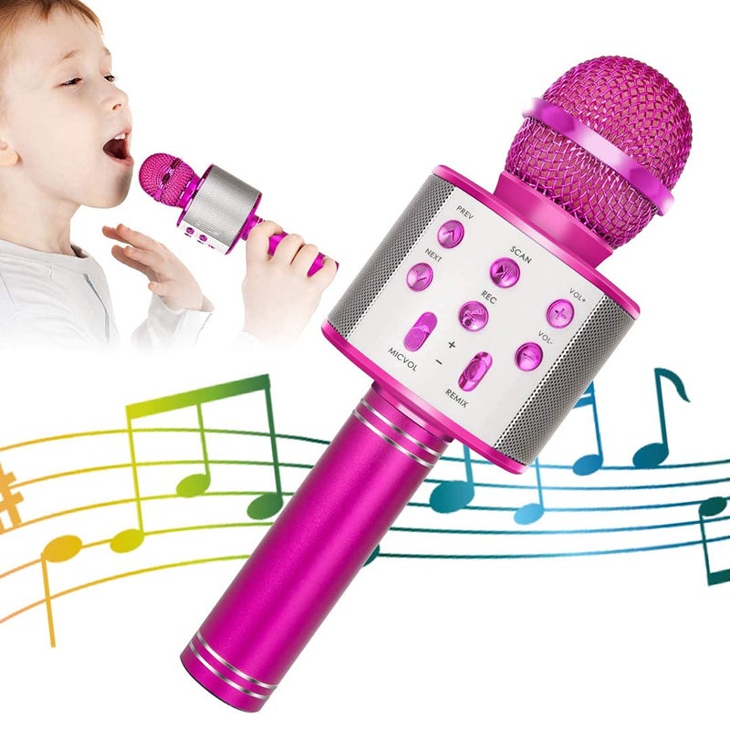 KIDWILL Wireless Bluetooth Karaoke Microphone for Kids, 5-in-1 Portable Handheld Karaoke Mic Speaker Player Recorder with Adjustable Remix FM Radio for Kids Girls Boys Teens Birthday-Hot Pink - Image 1