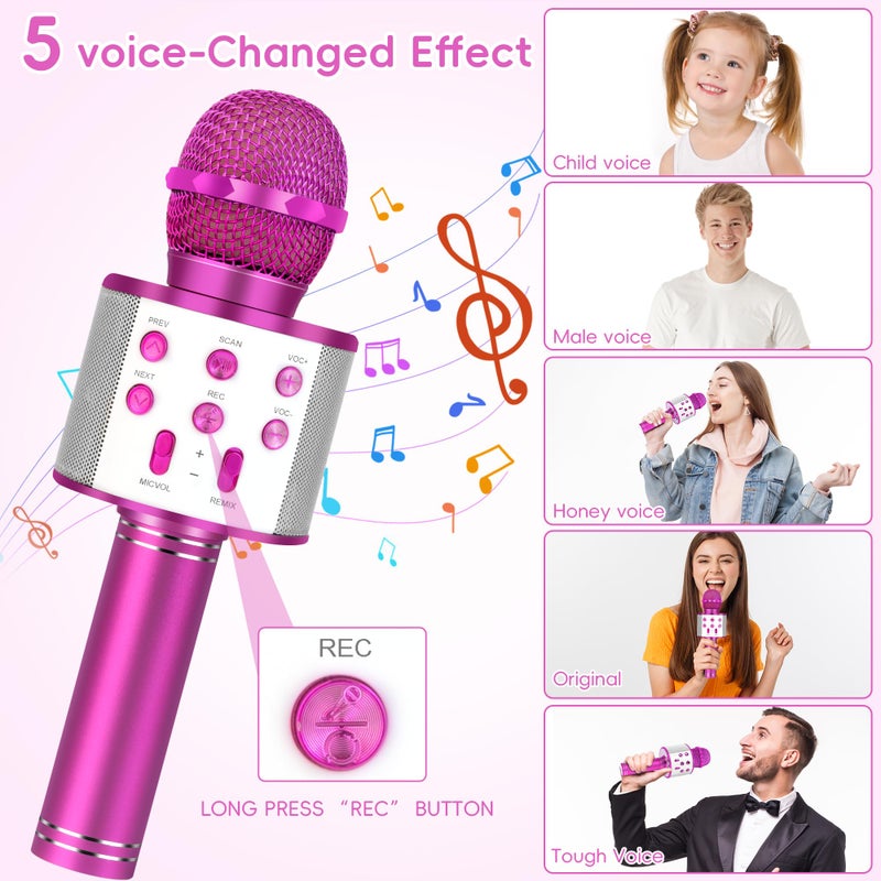 KIDWILL Wireless Bluetooth Karaoke Microphone for Kids, 5-in-1 Portable Handheld Karaoke Mic Speaker Player Recorder with Adjustable Remix FM Radio for Kids Girls Boys Teens Birthday-Hot Pink - Image 5