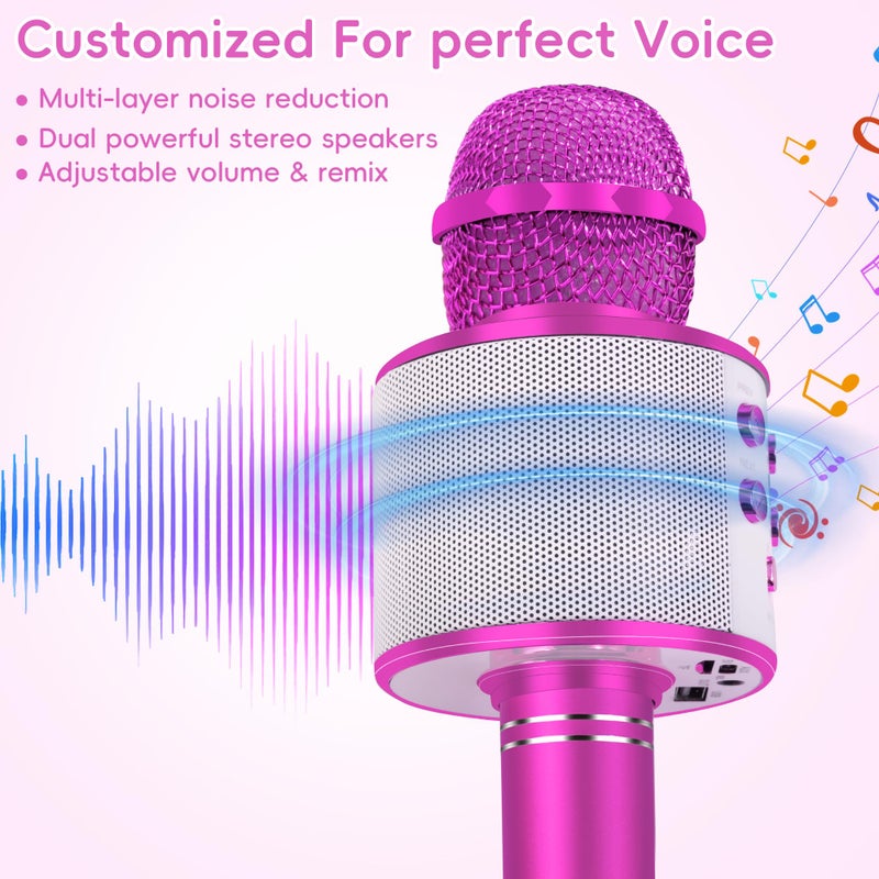 KIDWILL Wireless Bluetooth Karaoke Microphone for Kids, 5-in-1 Portable Handheld Karaoke Mic Speaker Player Recorder with Adjustable Remix FM Radio for Kids Girls Boys Teens Birthday-Hot Pink - Image 2