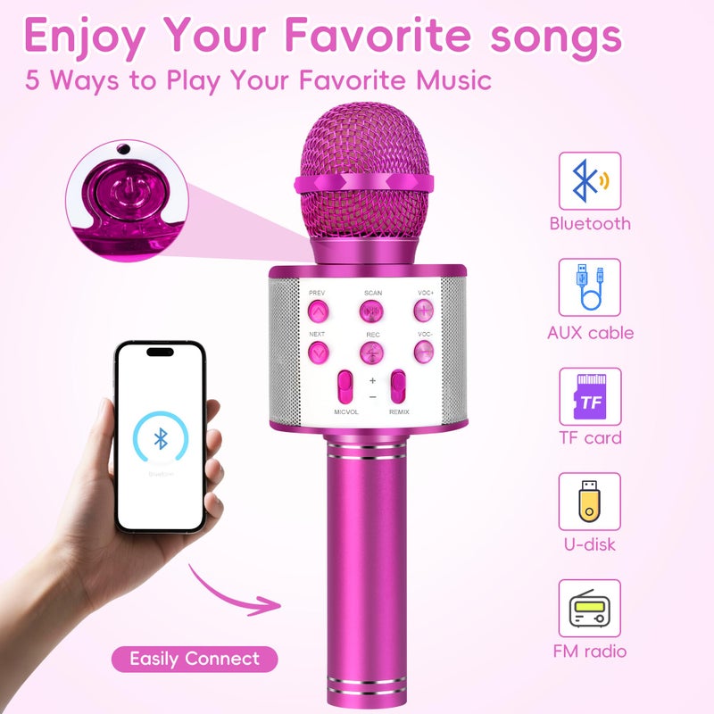 KIDWILL Wireless Bluetooth Karaoke Microphone for Kids, 5-in-1 Portable Handheld Karaoke Mic Speaker Player Recorder with Adjustable Remix FM Radio for Kids Girls Boys Teens Birthday-Hot Pink - Image 3