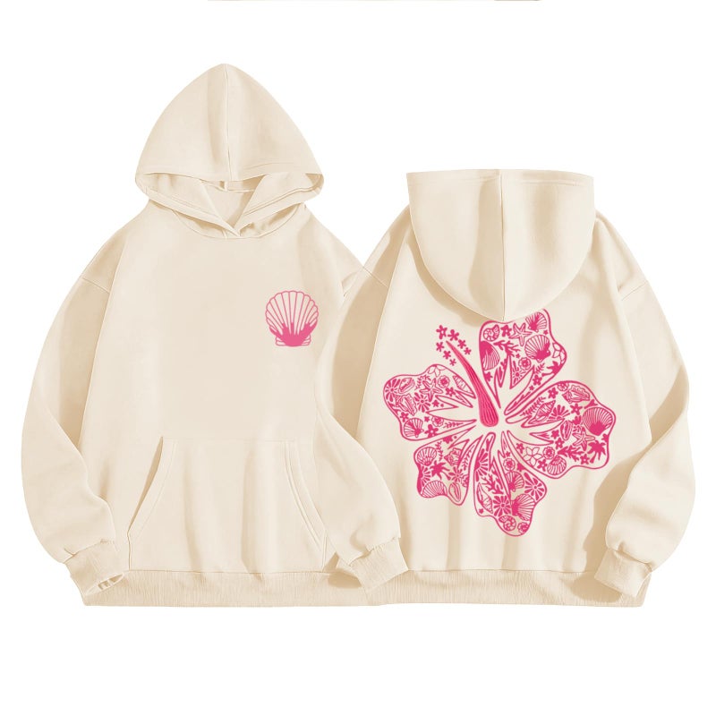 Lubpow Cute Pink Hoodie Kids Girls Aesthetic Preppy Hibiscus Flower Puff Hoodies Kawaii Hawaii Palm Beach Graphic Pullover(Apricot,160) - Image 1