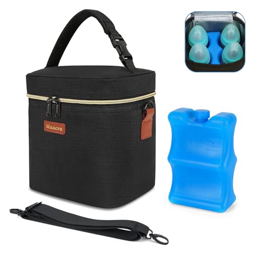 Mancro Breastmilk Cooler Bag Travel Fits 4 Baby Bottles Up to 9 Ounce Baby Bottle Bag with Ice Pack Insulation Breast Milk Cooler Travel Black