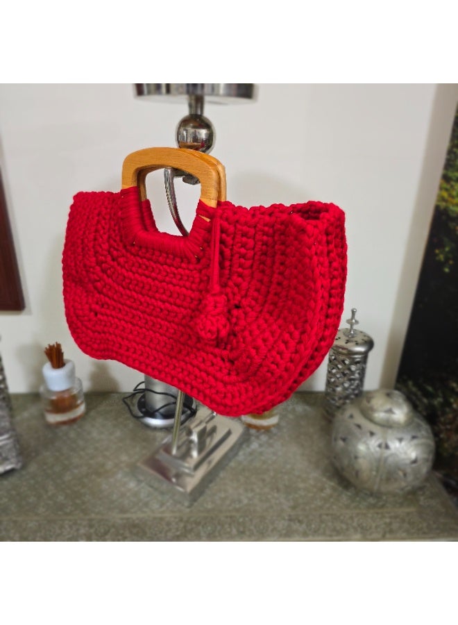 RandSac Red Wave Crochet Handbag with Wooden Handles - Image 2