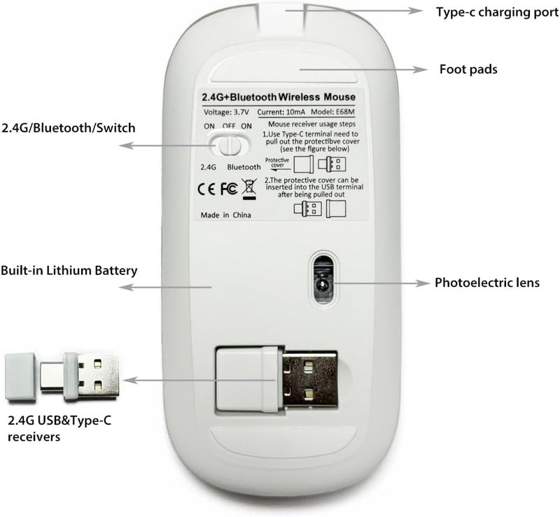 KLO LED Rechargeable Mouse(BT5.2+Type-C+USB2.4G) Bluetooth Mouse for MacBook/MacBook air/Pro/iPad/Laptop/Notebook/pc/Chromebook (LED/White) - Image 4