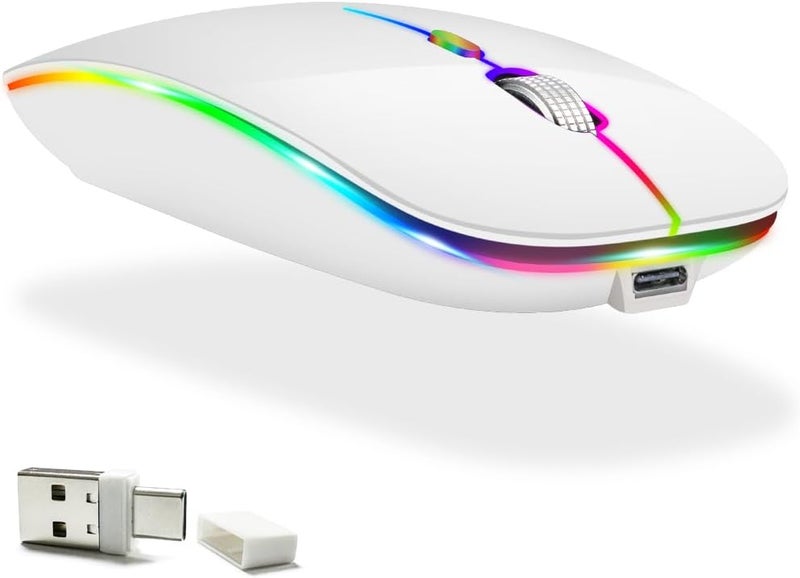 KLO LED Rechargeable Mouse(BT5.2+Type-C+USB2.4G) Bluetooth Mouse for MacBook/MacBook air/Pro/iPad/Laptop/Notebook/pc/Chromebook (LED/White) - Image 1