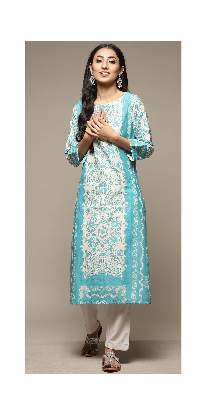 Biba Blue Cotton Straight Printed Kurta