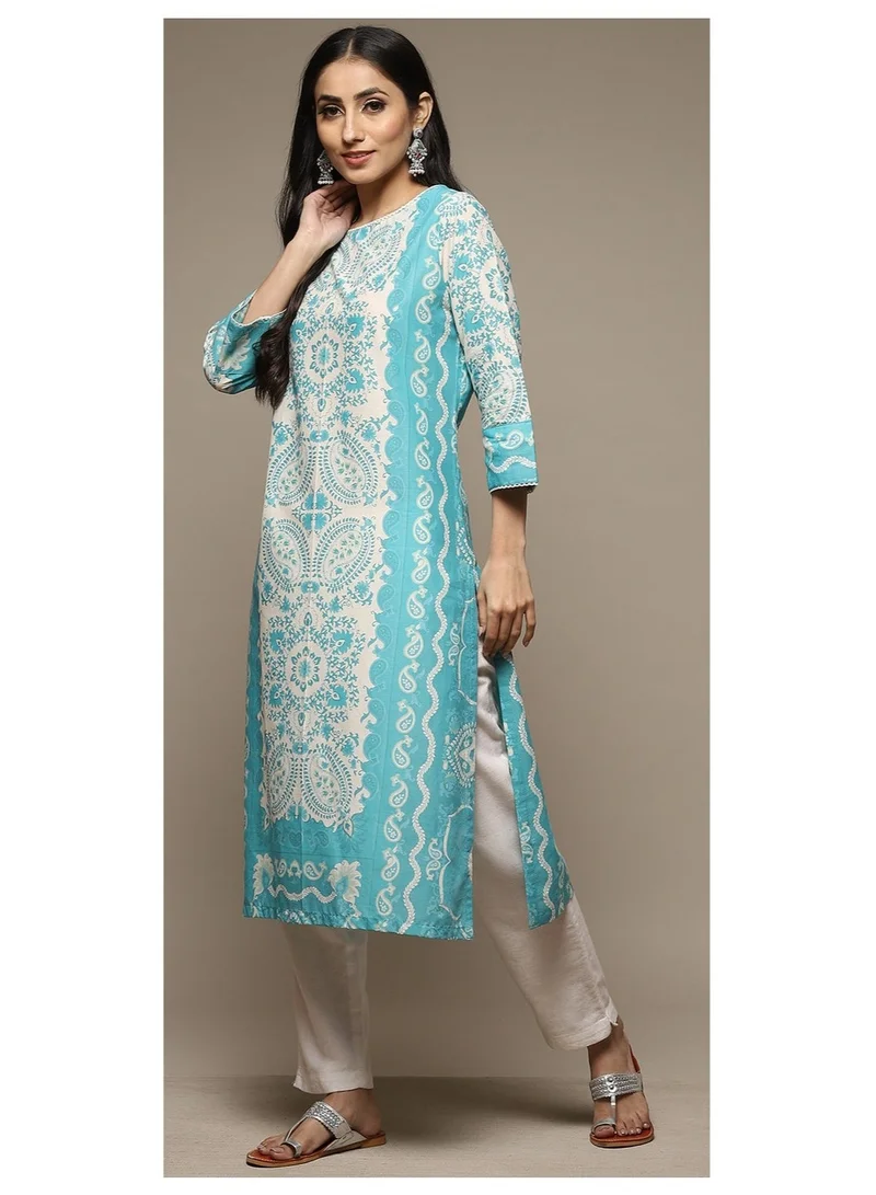 Biba  Blue Cotton Straight Printed Kurta for Women | Best Price UAE