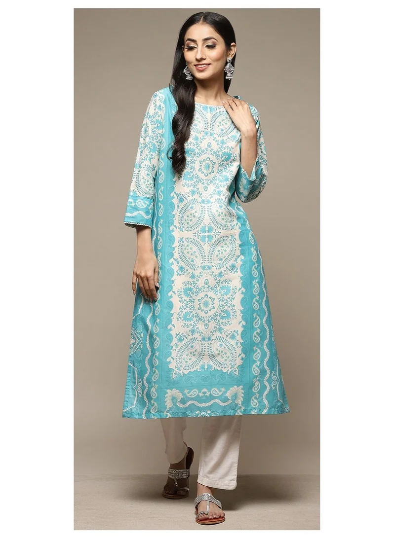 Biba  Blue Cotton Straight Printed Kurta for Women | Best Price UAE