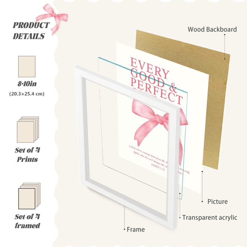 LARTSFRO Coquette Pink Bow Wall Art Decor Posters, Pink Bow Room Bedroom Bathroom Dorm Wall Art Decor Aesthetic for College Teen Girls Gifts, Inspirational Bible Verses Bow Wall Decor, 10x8 Inch Set of 4 Pcs Bow Pictures (WHITE FRAMED) - Image 2