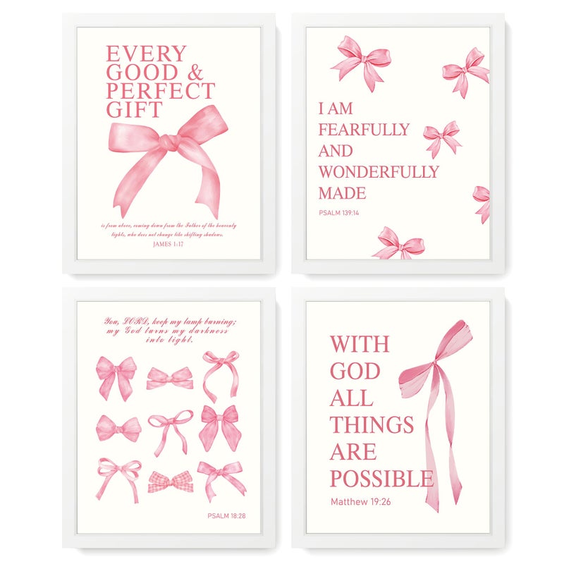 LARTSFRO Coquette Pink Bow Wall Art Decor Posters, Pink Bow Room Bedroom Bathroom Dorm Wall Art Decor Aesthetic for College Teen Girls Gifts, Inspirational Bible Verses Bow Wall Decor, 10x8 Inch Set of 4 Pcs Bow Pictures (WHITE FRAMED) - Image 1