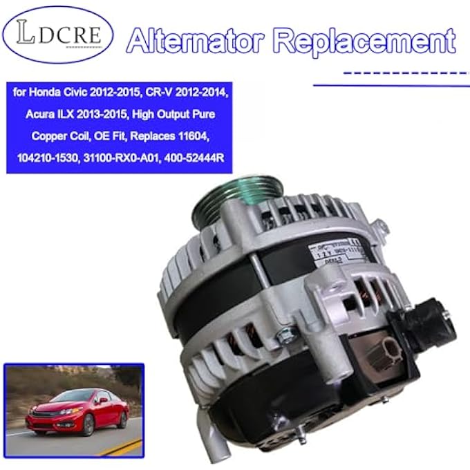 LDCRE Alternator Replacement for Honda Civic 2012-2015, CR-V 2012-2014, Acura ILX 2013-2015, High Output Pure Copper Coil, OE Fit, Replaces 11604, 104210-1530, 31100-RX0-A01, 400-52444R - Image 2
