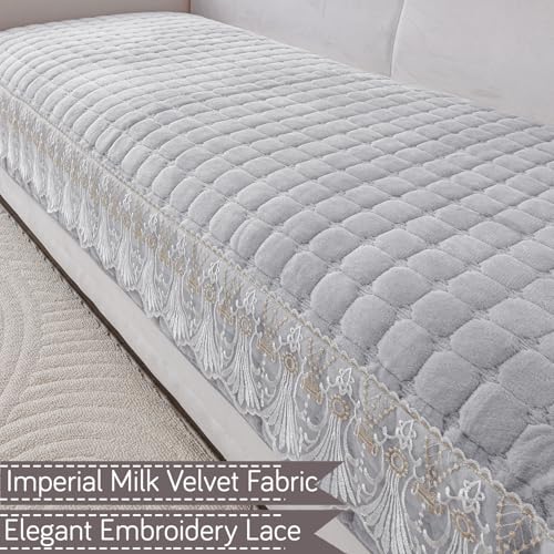 HOKIPO 'BelleLace Series' Imperial Milk Velvet Sofa Cover Mat with Lace Design| Make Your Own Sofa Cover Set, Mat Length 90(D) x 220(L) cm, Cloud Grey (AR-5968-LGRY) - Image 2