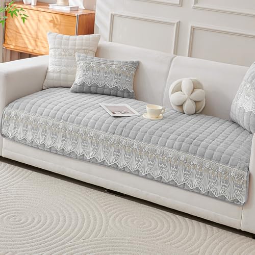 HOKIPO 'BelleLace Series' Imperial Milk Velvet Sofa Cover Mat with Lace Design| Make Your Own Sofa Cover Set, Mat Length 90(D) x 220(L) cm, Cloud Grey (AR-5968-LGRY) - Image 1