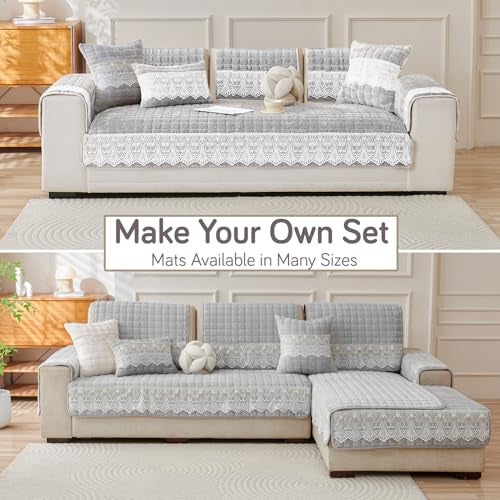 HOKIPO 'BelleLace Series' Imperial Milk Velvet Sofa Cover Mat with Lace Design| Make Your Own Sofa Cover Set, Mat Length 90(D) x 220(L) cm, Cloud Grey (AR-5968-LGRY) - Image 3