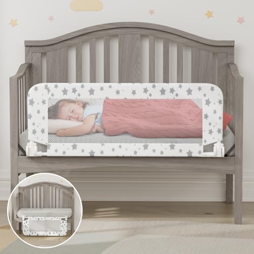 NUTIKAS Crib Rail Guard for Toddlers - 35.3" Toddler Bed Rails Convertible Safety Side Protector Swing Down Mesh Breathable Bed Barriers White Anchor Safety with Reinforced - Image 1