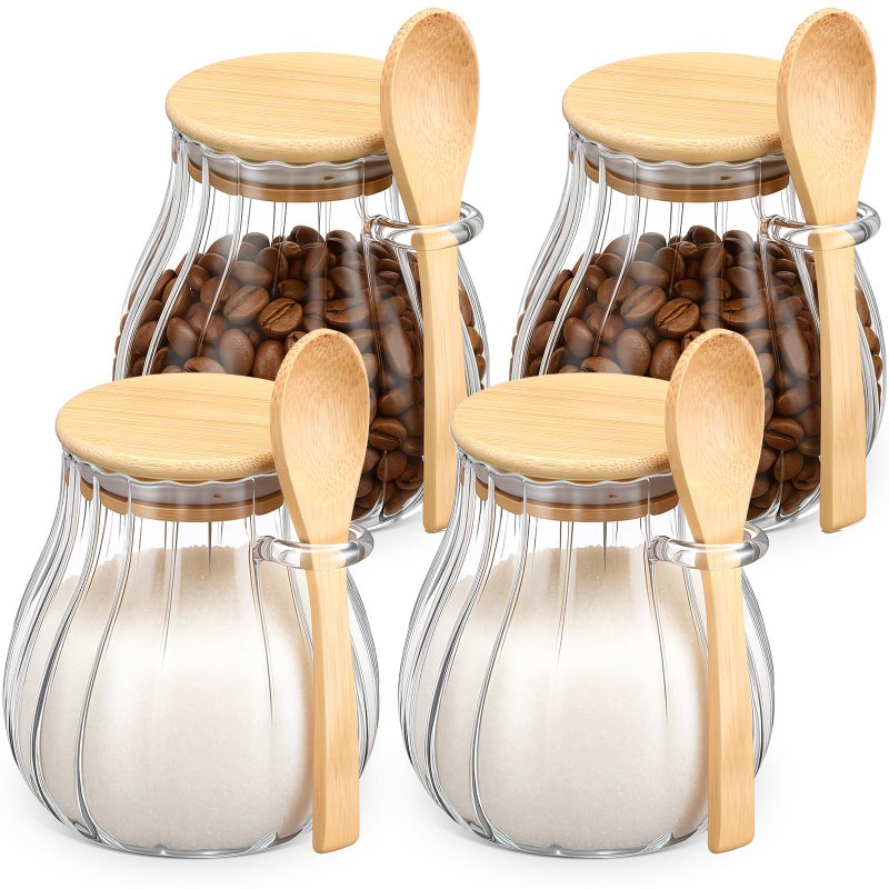 Willinglong Clear 4 Pack Coffee and Sugar Container Set with Bamboo Lid Spoon 15 oz Glass Canister Jar with Airtight Lid for Brown Sugar Tea Keeper Storage Container for Kitchen Office Coffee Bar - Image 1